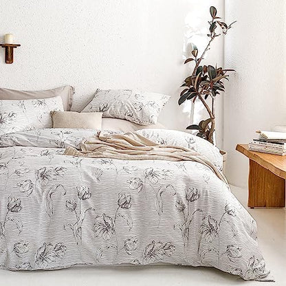  YuHeGuoJi White Floral Duvet Cover King 100% Cotton Black Flower Duvet Cover 3 Pcs Set 1 Plant Blossom Patterned Duvet Cover With Zipper Ties 2 Pillowcases Farmhouse Cartoon Botanical Bedding Set