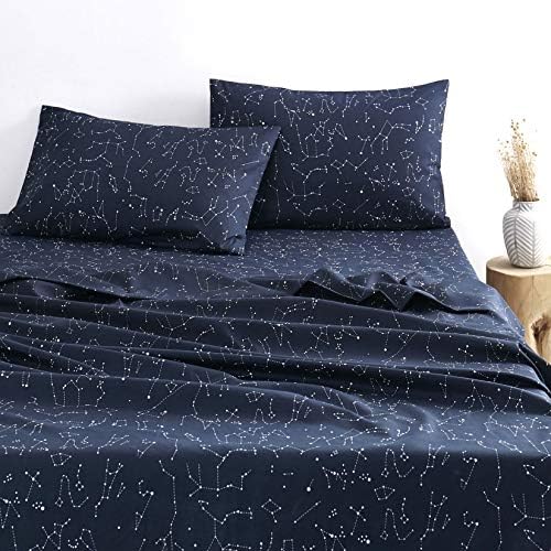  - Constellation Sheet Set, Navy Blue With White Space Stars Pattern Printed, Soft Microfiber Bedding (4pcs, Twin Size)