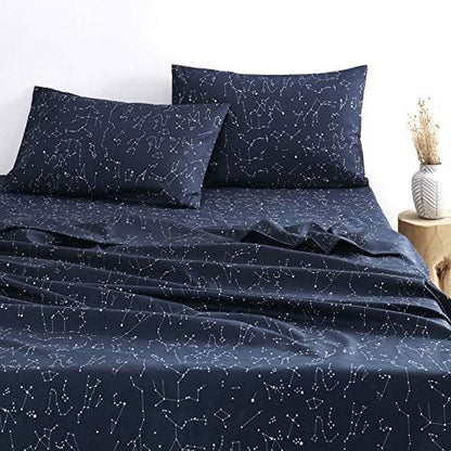  - Constellation Sheet Set, Navy Blue With White Space Stars Pattern Printed, Soft Microfiber Bedding (4pcs, Twin Size)