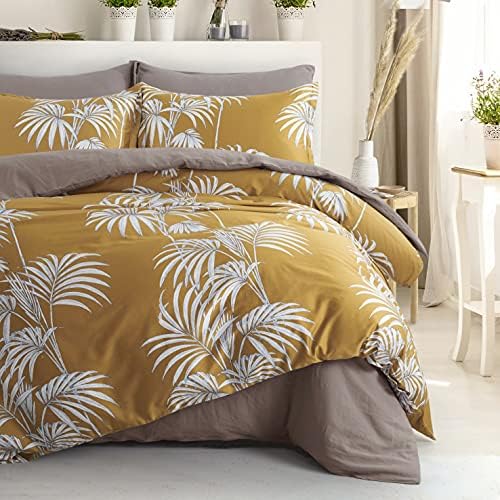  Eikei Midnight Blue Botanical Print Duvet Quilt Cover Egyptian Cotton Bedding Set Modern Luxury Minimal Palm Leaf Dark Charcoal Navy Ocher Floral Watercolor Design 120x98 (Mustard Yellow, Super King)