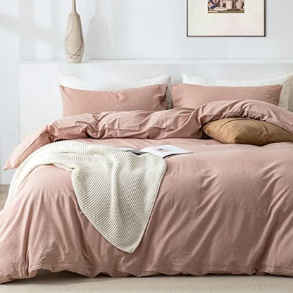  Queen Duvet Cover Set- 100% Washed Cotton 3 Pcs Soft Comfy Breathable Chic Linen Feel Bedding, 1 Duvet Cover And 2 Pillow Shams, Mauve Brown