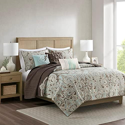  100% Cotton Quilt - Luxury Stitching Design, All Season, Breathable Coverlet Bedspread Bedding, Shams, Decorative Pillow, King/Cal King(104"x92"), Seafoam 6 Piece