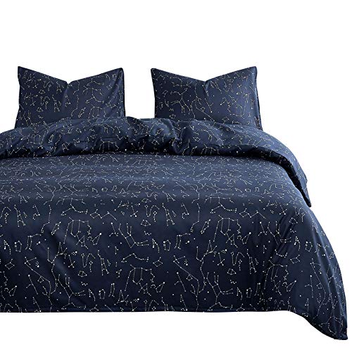  Wake In Cloud - Constellation Comforter Set, Navy Blue With White Space Stars Pattern Printed, Soft Microfiber Bedding (3pcs, Full Size)