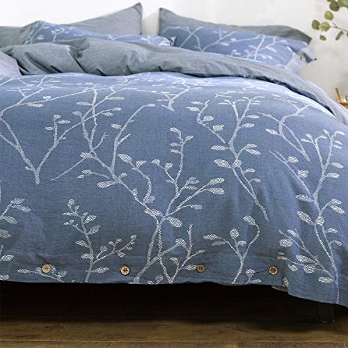  OREISE Duvet Cover Set Full/Queen Size Washed Cotton Yarn, Jacquard Green And White Thin Branch Pattern Floral Style 3Piece Bedding Set