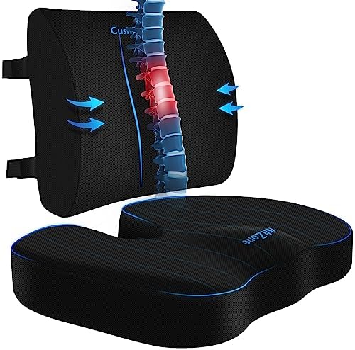  CushZone Seat Cushion, Lumbar Support Pillow With Adjustable Strap-Chair Cushions For Sciatica Pain Relief-with Washable Cover Memory Foam For Car, Travel And Wheelchair-Black