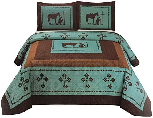  3 Pcs Western Texas Cross Praying Cowboy Cabin Lodge Barbed Wire Luxury Quilt Bedspread Comforter Turquoise (Queen)