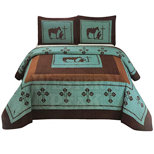  3 Pcs Western Texas Cross Praying Cowboy Cabin Lodge Barbed Wire Luxury Quilt Bedspread Comforter Turquoise (Queen)