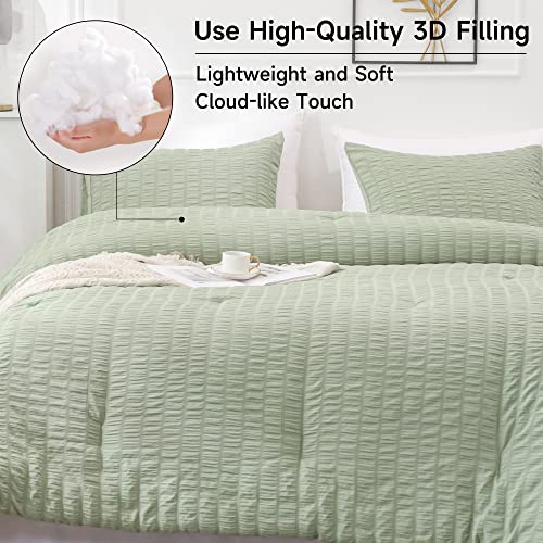  YOZEN Sage Green Queen Seersucker Comforter Set (90x90 Inch), 3 Pieces Textured Comforter With 2 Pillowcases, Soft Lightweight Microfiber Down Alternative Bedding Set For All Season
