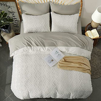  Duvet Cover Queen Size, 3 Pieces Tufted Comforter Cover Set, Soft And Embroidery Shabby Chic Boho Bedding Sets For All Seasons, White