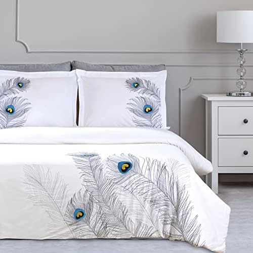 Superior 100% Cotton, 3-Piece King/California King, Single Ply, Soft, Embroidered Peacock Duvet Cover Set, Silver