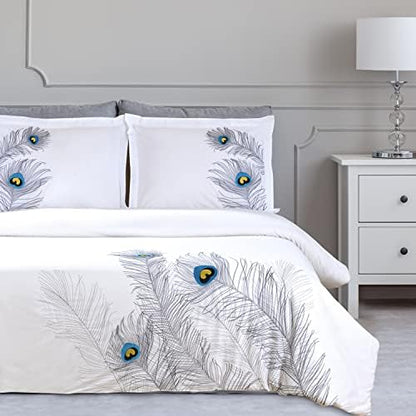 Superior 100% Cotton, 3-Piece King/California King, Single Ply, Soft, Embroidered Peacock Duvet Cover Set, Silver