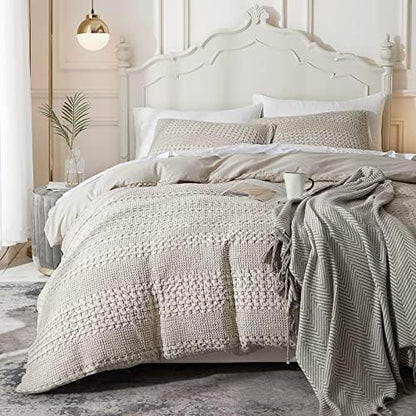  Waffle Weave Duvet Cover Set 100% Cotton Duvet Cover Queen Textured Khaki Duvet Cover Cozy Soft Breathable Queen Duvet Cover Skin-Friendly Luxury Comforter Cover Bedding Set All Season 90"x90"