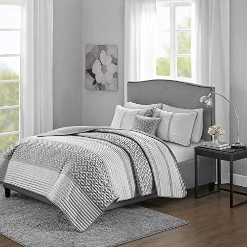  Quilt Set Luxurious Jacquard Stripes Design - All Season, Coverlet Bedspread Lightweight Bedding Layer, Shams, Decorative Pillow, Full/Queen(90"x90"), Floral Blue 5 Piece
