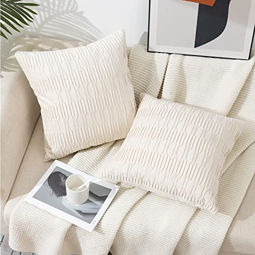  ETASOP 2Pack White Velvet Pillow Covers With Wave Striped Decorative, Luxury Soft Cushion Cases For Farmhouse Couch Sofa Living Room,18x18 Inches