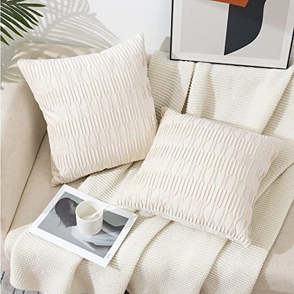  ETASOP 2Pack White Velvet Pillow Covers With Wave Striped Decorative, Luxury Soft Cushion Cases For Farmhouse Couch Sofa Living Room,18x18 Inches