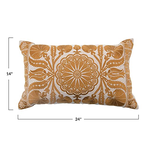  Bloomingville Cotton Embroidered Lumbar Pattern & Chambray Back Pillow, 24" X 14", Cream & Mustard