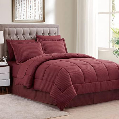  Queen Comforter Set 8 Piece Bed In A Bag With Bed Skirt, Fitted Sheet, Flat Sheet, 2 Pillowcases, 2 Pillow Shams, Queen, Dobby Navy