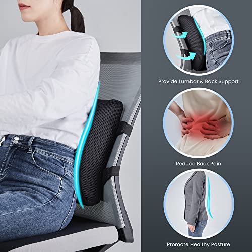 Lumbar Support Pillow For Office Chair - Improve Back Pain, Posture While Sitting - Memory Foam Cushion With Adjustable Strap For Desk/Gaming Chair, Car, Couch, Recliner