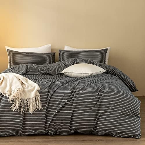  ELIMMO Duvet Cover Set Linen Texture 100% Cotton Fabric Durable Breathable Natural Dreamy Chic Feel (Beige Grey, Queen)