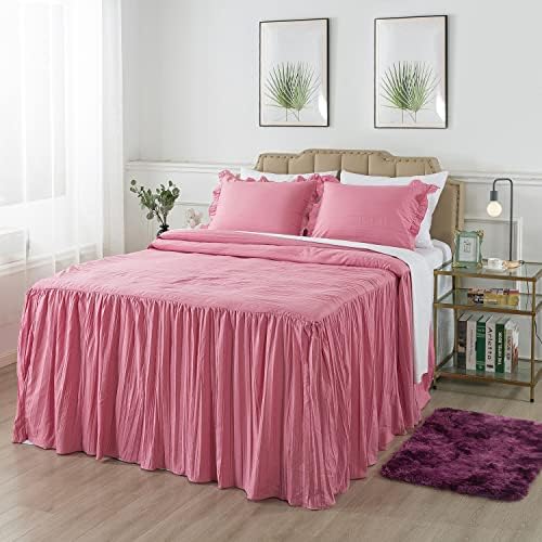  4 Pieces Ruffle Skirt Bedspread Queen With 30 Inches Drop Ruffled Style Coverlet Bedspread With 2 Shams And 1 Area Rug - Shrinkage And Fade Resistant Shabby Chic Bedding Quilt Set, Cream