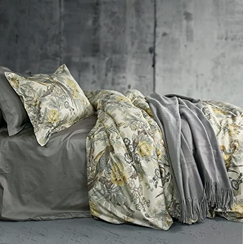  Eikei Chinoiserie Chic Peacock Floral Duvet Cover Paradise Garden Botanical Bird And Tree Branches Vintage Stylized Long Staple Cotton 2pc Bedding Set (Twin, Yellow)