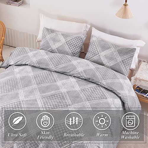  Plaid Duvet Cover 100% Cotton Gray Grid Duvet Cover Queen Size 3 Pcs Patterned Geometric Duvet Cover Set Modern Scottish Houndstooth Bedding Set Soft Breathable Comforter Cover Zipper Closure