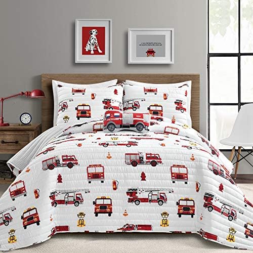  Make A Wish Fire Truck Red & Gray Reversible Print 3 Piece Quilt Set, Twin