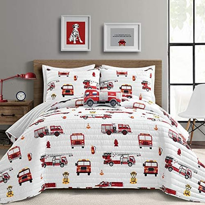  Make A Wish Fire Truck Red & Gray Reversible Print 3 Piece Quilt Set, Twin