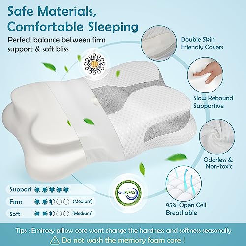  VIEWALL Cervical Pillow For Neck Pain Relief, Ergonomic Memory Foam Pillows Contour Orthopedic Neck Support Pillows For Side, Back And Stomach Sleepers (White & Grey, Standard Size)