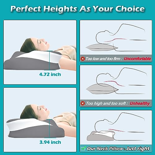  Upgraded Cervical Neck Pillow For Neck And Shoulder Pain, Ergonomic Contour Pillow For Sleeping, Memory Foam Pillow With Cooling Cover, Neck Support Pillow For Side, Back & Stomach Sleepers, Grey