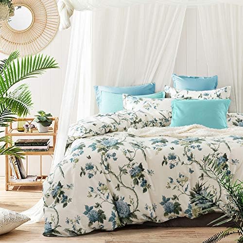  Exotic Modern Floral Print Bedding Birds Flowers Dusty Grey Design 100% Cotton Duvet Cover 3pc Set Hibiscus Blossom Branches In Muted Gray Blue (King, Egret White)
