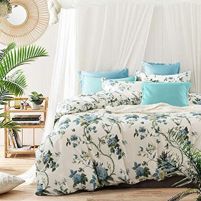  Exotic Modern Floral Print Bedding Birds Flowers Dusty Grey Design 100% Cotton Duvet Cover 3pc Set Hibiscus Blossom Branches In Muted Gray Blue (King, Egret White)