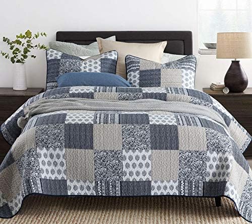  VIVILINEN Quilted Bedspread Coverlet Set 3 Pieces Navy Patchwork Stitched Pattern Reversible Quilt Sets With 2 Pillow Shams Full/Queen Size 90’’x98