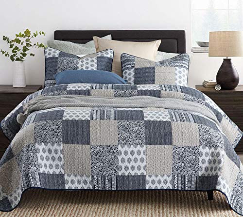 VIVILINEN Quilted Bedspread Coverlet Set 3 Pieces Navy Patchwork Stitched Pattern Reversible Quilt Sets With 2 Pillow Shams Full/Queen Size 90’’x98