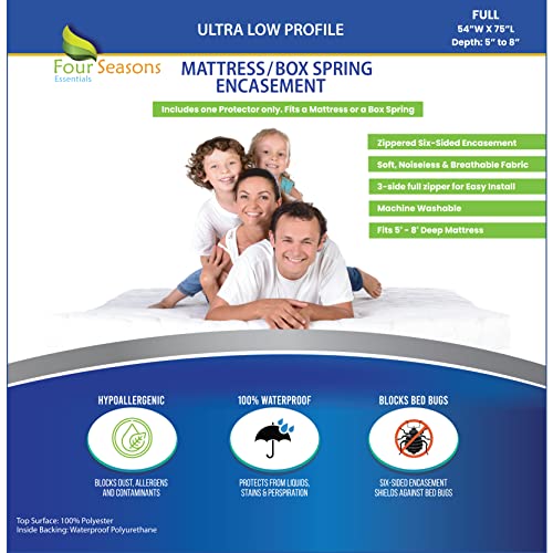  Full Size Mattress Or Box Spring Encasement - Low Profile Fits 5" To 8" Thick - Waterproof Zippered Protector Hypoallergenic Premium Bed Cover Protects From Dust Allergens
