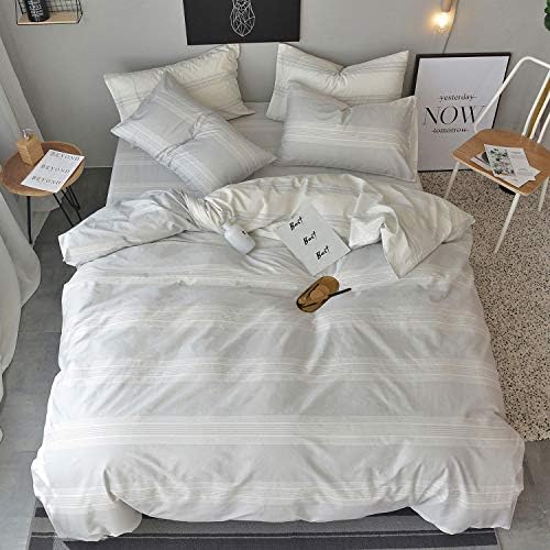  OREISE Duvet Cover Set King Size 100% Cotton White/Light Gray Printed Striped Style Reversible Design 3Piece Bedding Set (1 Duvet Cover + 2 Pillow Shams) With Zipper Closure Soft Breathable Luxury