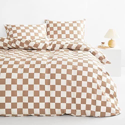  - Green And Light Yellow Checkered Duvet Cover Set, 100% Cotton Bedding, Buffalo Plaid Gingham Checkerboard Geometric Pattern, With Zipper Closure (3pcs, King Size)
