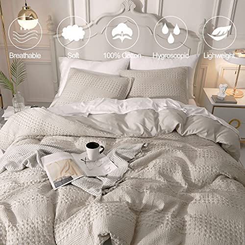  Waffle Weave Duvet Cover Set 100% Cotton Duvet Cover Queen Textured Khaki Duvet Cover Cozy Soft Breathable Queen Duvet Cover Skin-Friendly Luxury Comforter Cover Bedding Set All Season 90"x90"