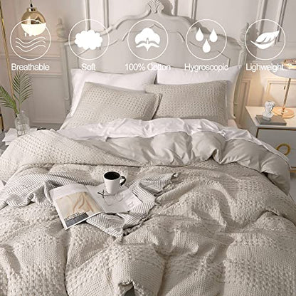  Waffle Weave Duvet Cover Set 100% Cotton Duvet Cover Queen Textured Khaki Duvet Cover Cozy Soft Breathable Queen Duvet Cover Skin-Friendly Luxury Comforter Cover Bedding Set All Season 90"x90"