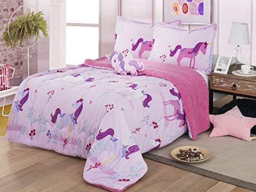  All American Collection New Super Soft And Warm 4 Piece Borrego/Sherpa Blanket With Pillow Sham And Cushion (Full, Dinosaur)