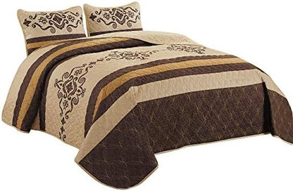  WPM Western Print Queen Size Light Weight Quilt Set With Pillow Sham Gold Brown Oversize (100 X 95”) Bedspread All-Season Bed Cover Quilted Native Theme 3 Piece Coverlet (Yasmen Gold Brown, Queen)