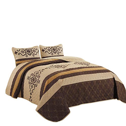 WPM Western Print Queen Size Light Weight Quilt Set With Pillow Sham Gold Brown Oversize (100 X 95”) Bedspread All-Season Bed Cover Quilted Native Theme 3 Piece Coverlet (Yasmen Gold Brown, Queen)