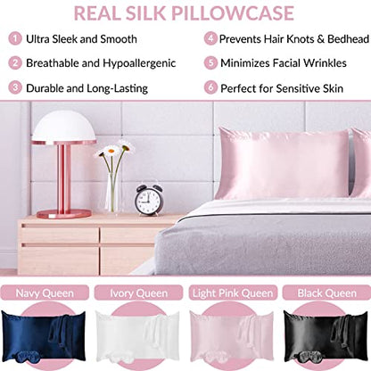  Mulberry Silk Pillowcase For Hair And Skin With Hidden Zipper, 22 Momme 100% Real Silk Pillow Case With Sleep Mask, Premium Grade 6A Silk Promotes Soft Skin, 900 Thread Count (Pink, Queen)