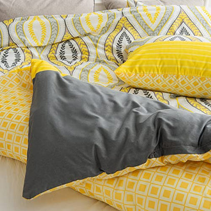  Yellow Duvet Cover Set Queen Size, 90" X 90" Soft Microfiber Duvet Covers With Geometric Pattern, 3 Pieces Reversible Duvet Cover Zipper Bedding Sets For All Seasons, Yellow & Grey