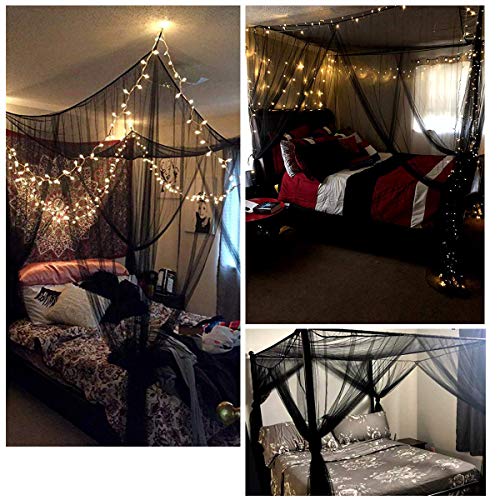  Mosquito NET For Bed Canopy, Four Corner Post Curtains Bed Canopy Elegant Mosquito Net Set, Stick Hook &Profession Rope For Net, Screen Netting Canopy Curtains, Full/Queen/King/Black