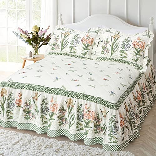  100% Cotton High 3-Pieces Ruffle Bed Skirt Queen Size Red Floral Quilted Bedspread Set With 2 Pillow Shams 20″Deep Dust Ruffle Drop 3-Side Dust Ruffle Drape Fitted Sheet For Bed Cover(White, Queen)