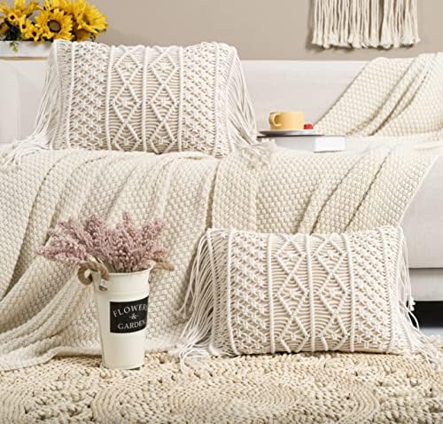  HOMESUNSHINE Macrame Lumbar Pillow Cover-Set Of 2 With Tassels Rectangualr Cushion Covers Boho Throw Pillow Cover For Couch, Sofa, Bed, Farmhouse, Chair, Dining, Patio, Outdoor, Car (B)