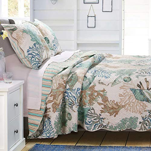  Beach Theme Ocean Coastal Quilt King/Cal King Bedding Set - Nautical Seashell Beach Tropical Decor - All Season 3 Pieces Bedspread/Coverlet With Shams Green