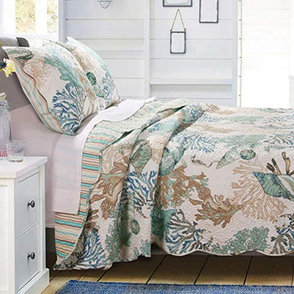  Beach Theme Ocean Coastal Quilt King/Cal King Bedding Set - Nautical Seashell Beach Tropical Decor - All Season 3 Pieces Bedspread/Coverlet With Shams Green