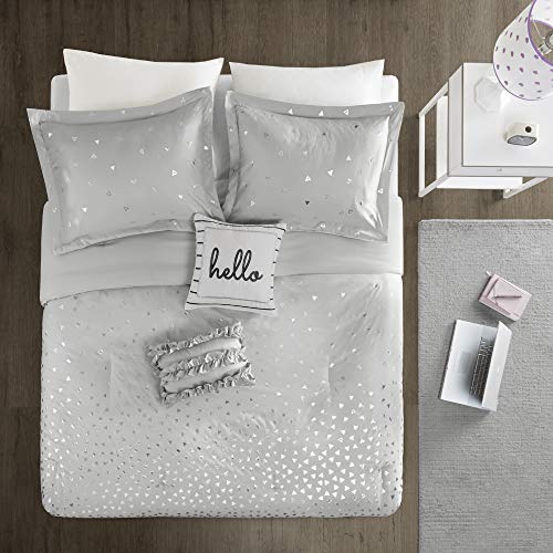  Zoey Triangle Metallic Print, Cozy Comforter Set All Season Bedding Set, Matching Sham, Decorative Pillow, Full/Queen, Grey/Silver 5 Piece